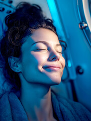 HBOT. Hyperbaric Oxygen Therapy. Oxygen. Woman smiling inside a softly lit HBOT chamber