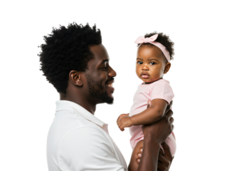 African American Father Holding Baby Girl in Pink Outfit Smiling on transparent background