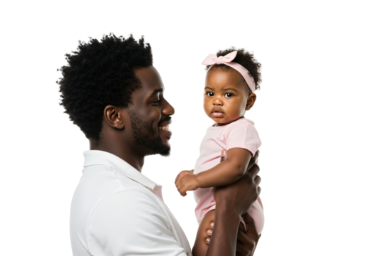 African American Father Holding Baby Girl in Pink Outfit Smiling on transparent background