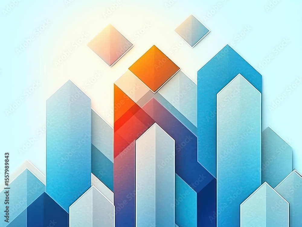 Poster abstract geometric composition of overlapping translucent blue and orange shapes forming a cityscape