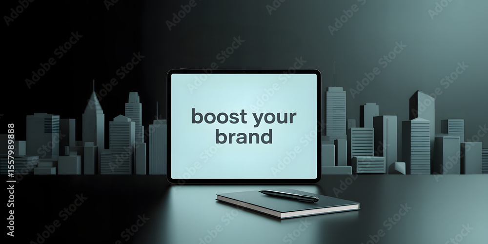 Poster modern cityscape with tablet displaying 