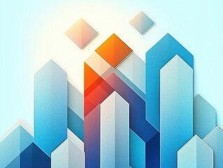 Abstract geometric composition of overlapping translucent blue and orange shapes forming a cityscape with light gradient background