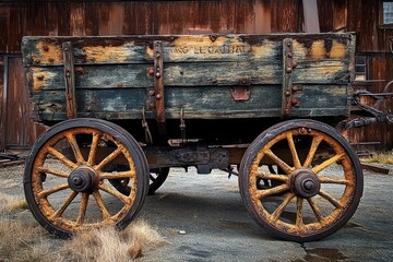 Obraz premium Old weathered wooden wagon with rusty yellow wheels parked on gray gravel in front of a wooden building under warm light