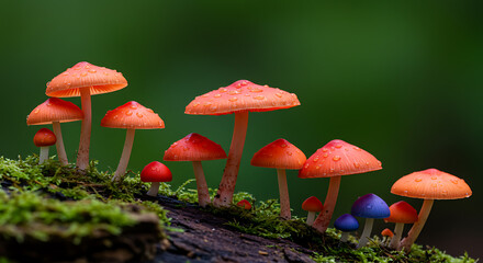 Vibrant Orange and Purple Mushrooms Cluster on Mossy Log
