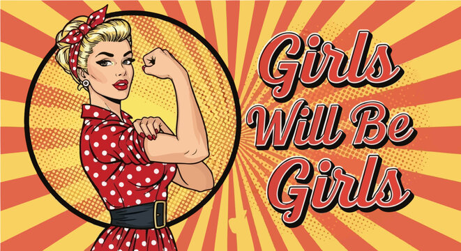 Vintage pop art poster of a blonde woman in a red polka dot shirt flexing her arm. Represents girl power, female empowerment, and the "We Can Do It" spirit.
