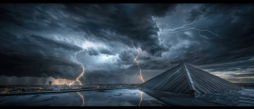A Captivating Storm Approaches as Lightning Dances Across City Rooftops and Reflects in Puddles - Powered by Adobe