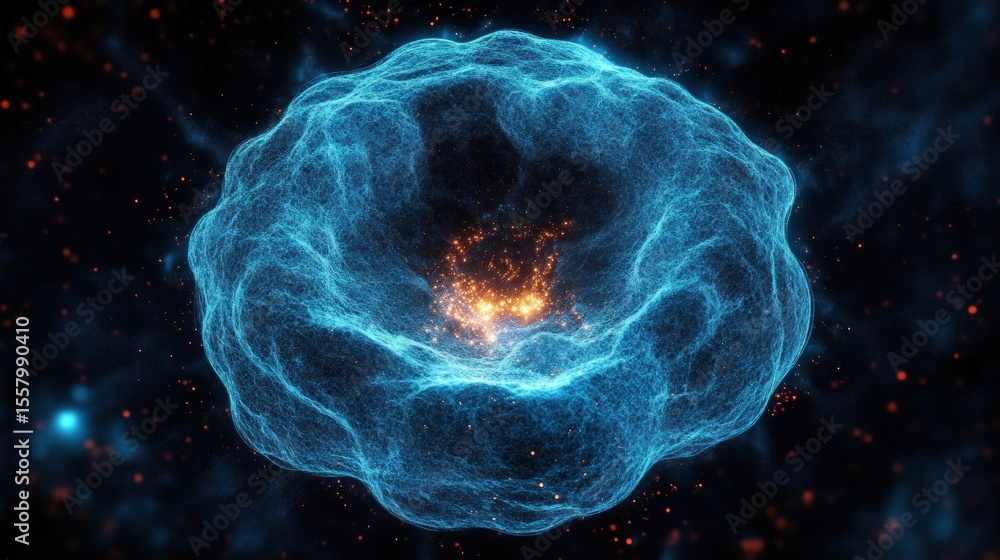 Poster glowing blue and orange abstract molecular or cosmic cloud structure with a textured cellular form f