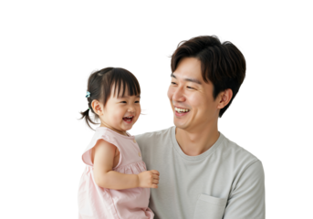 Smiling Asian Father Holding Baby Girl in Playful Moment