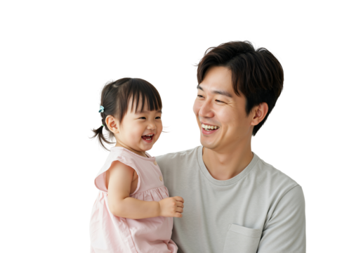 Smiling Asian Father Holding Baby Girl in Playful Moment