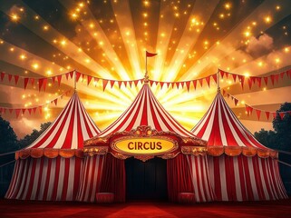 Brightly lit red and white striped circus tent at sunset with festive bunting and glowing star decorations creating a magical atmosphere