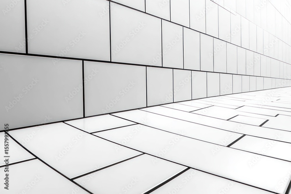 Poster perspective view of an abstract white tiled wall and floor with black grout lines creating a clean g