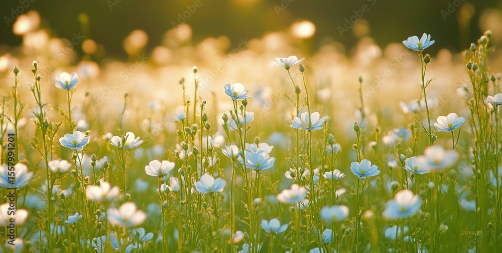 Poster field of delicate white flowers bathed in warm golden sunlight with a soft bokeh background creating