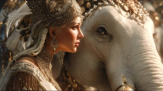 A serene moment capturing Maya Devi, adorned in intricate jewelry, gazing dreamily alongside a majestic white elephant, evoking themes of spirituality and enlightenment. Inspired by ancient myths.