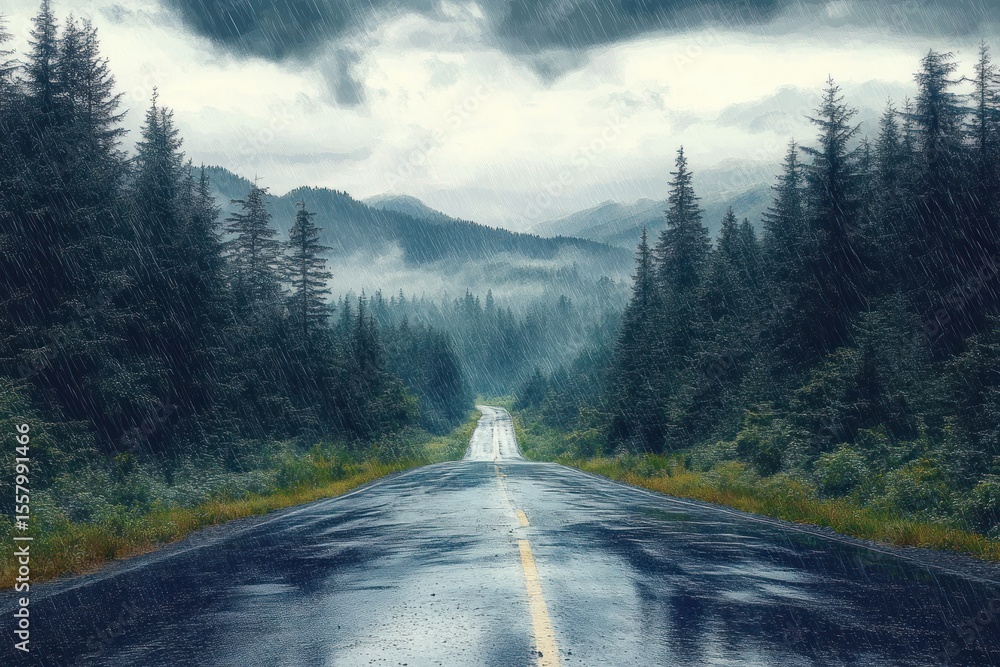 Poster wet empty road leading through dense evergreen forest under heavy rain with misty mountains in the b