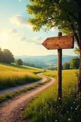 Golden Sunlight Bathes Picturesque Countryside Road Sign, Inviting Adventure and Exploration on a Serene Journey Through Vibrant Landscapes