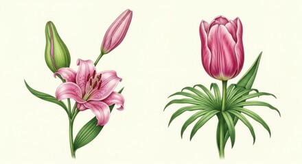 Fototapeta premium Vintage botanical illustration of a pink lily and a pink tulip with green leaves and buds on a cream background