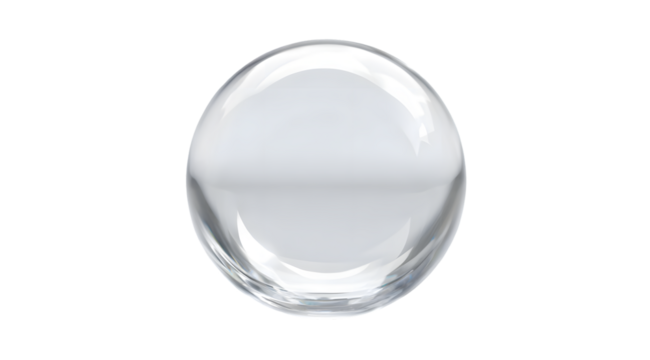 A clear crystal ball floats against a transparent background, showing reflections and refractions of light on its smooth, glossy surface, silhouette