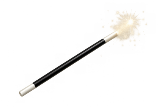 Black magic wand with white tips creating bright, sparkling light against a transparent background