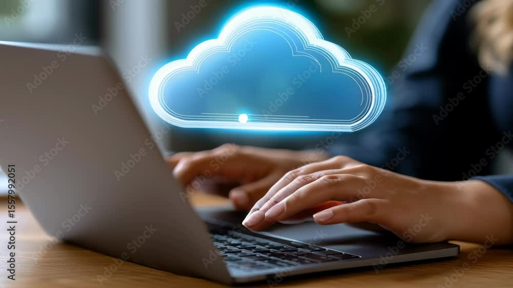 Poster typing on laptop digital workspace collaboration tools with glowing cloud icon symbolizing technolog