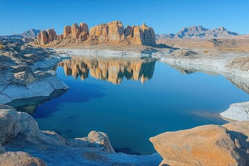 Calm blue lake surrounded by rugged rocky cliffs reflecting in clear water under a bright blue sky
