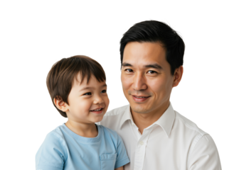 Father and Son Portrait with Smiles, Asian Male Adult with Young Boy, Family Bond, Joyful Moments