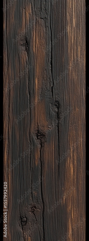Poster close-up of a dark textured wooden surface with visible grain patterns and knots, showing natural ru