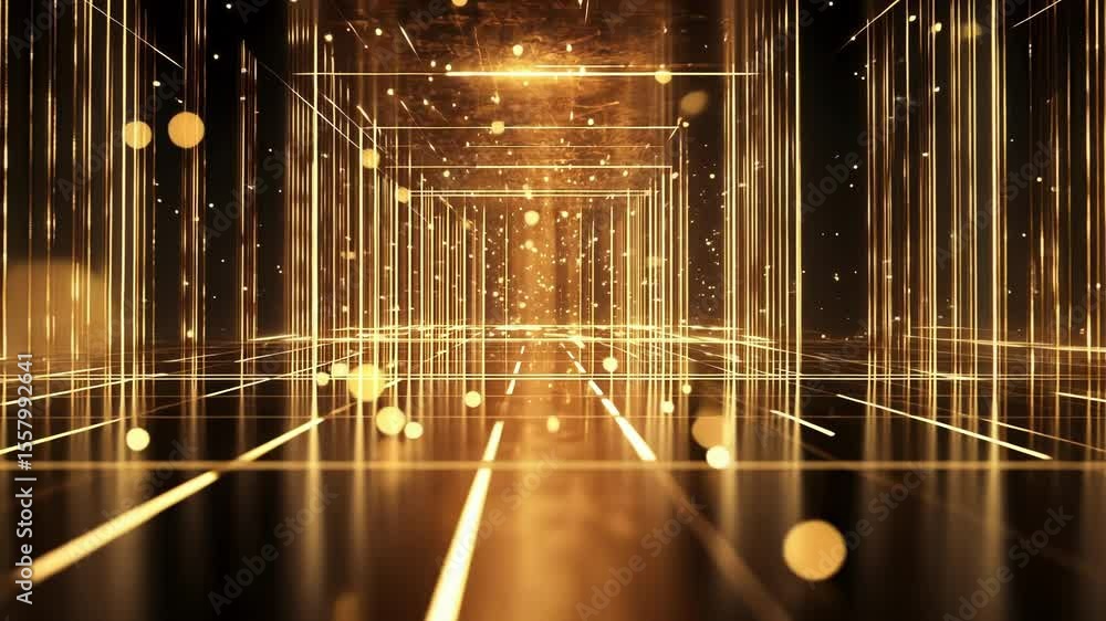 Poster golden particles are floating in a futuristic corridor with a reflective floor, creating a mesmerizi