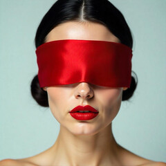 Obraz premium Elegant woman with striking red lipstick wearing a luxurious red silk blindfold against a clean minimalist background, perfect for fashion and beauty concepts.