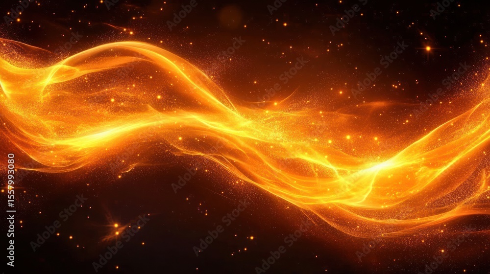 Poster bright flowing golden light waves with particles and sparkles on a dark background creating a dynami