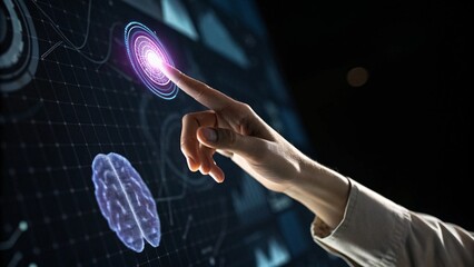 Close Up of Index Finger Touching Holographic Interface Point With Neon Ripple in Dark Futuristic Scene