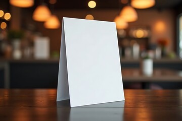 Blank table tent card mockup for restaurant menu advertisement and promotion on wood table background