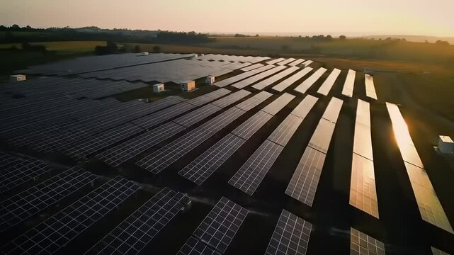 Aerial view of a vast solar farm at sunset, showcasing rows of solar panels and lush fields
