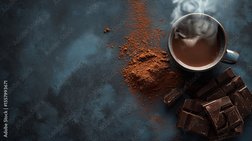 Poster steaming cup of hot chocolate sits beside pile of cocoa powder and dark chocolate pieces on textured