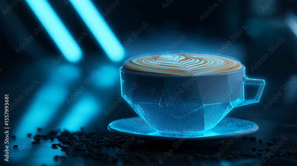 Poster futuristic coffee cup with holographic latte art design glows in dimly lit setting, surrounded by sc
