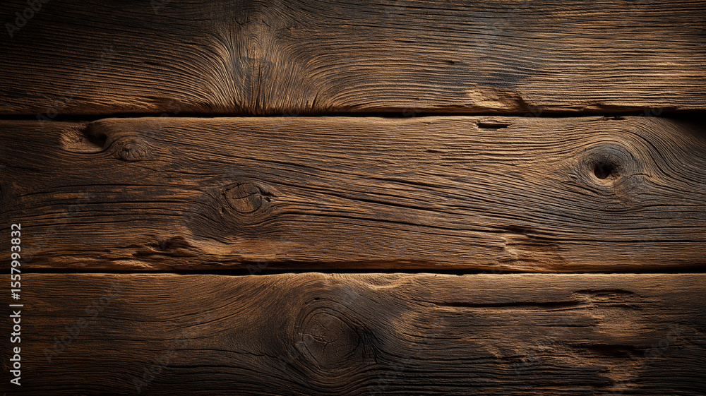 Poster Rustic dark wooden table background with rich texture and natural grain patterns, creating warm and inviting atmosphere. Perfect for design projects or as backdrop