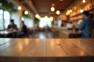 Wooden table top in blurred restaurant or cafe interior background for product display and advertising 