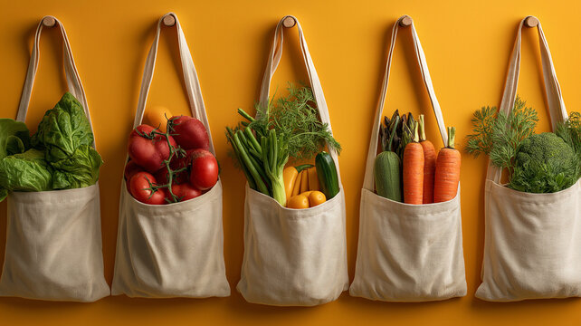 Reusable canvas bags filled with fresh vegetables hang vibrant orange wall showcasing sustainable and eco friendly approach to grocery shopping. bags contain lettuce tomatoes green beans yellow