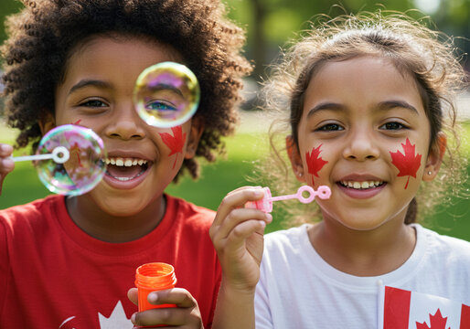 Happy Kids Playing with Bubbles on Canada Day