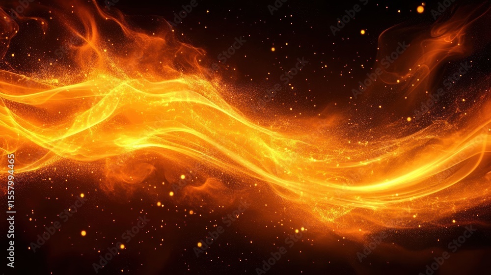 Poster flowing vibrant orange and yellow flames with sparkling particles on a dark background, creating a d