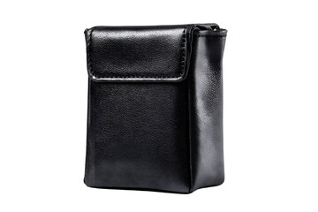 A sleek, black leather pouch with a secure flap is presented against a dark backdrop, ideal for showcasing accessories and small item storage solutions, silhouette, transparent background