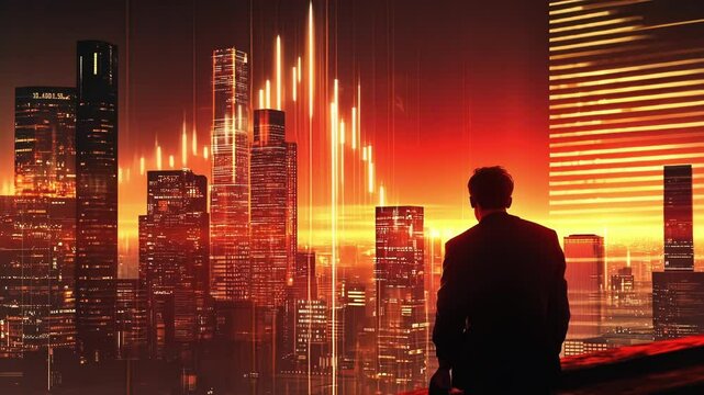 Businessman sitting in a futuristic red cityscape at night, watching a falling stock market graph projected above, analyzing the implications of the economic decline and loss