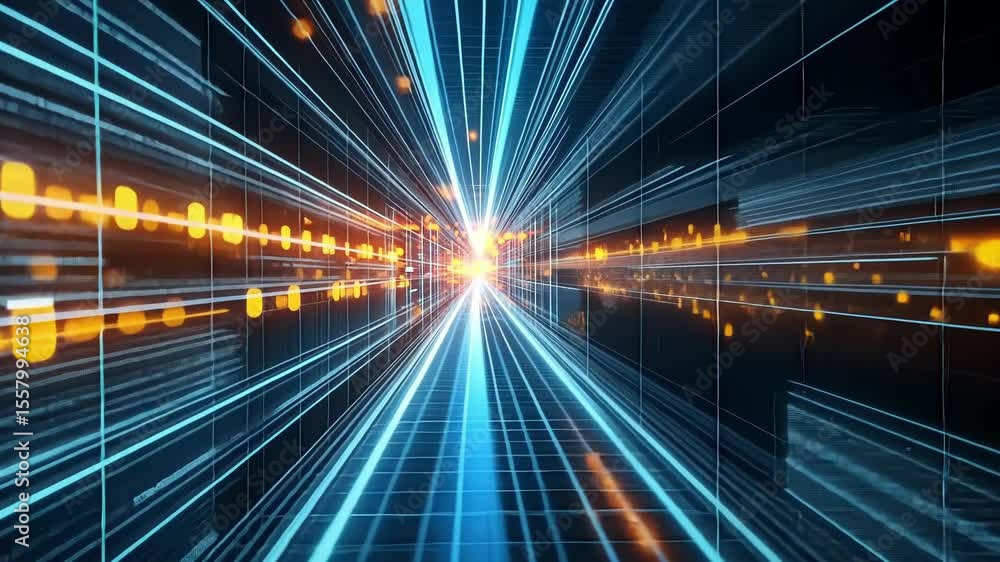 Poster glowing blue and orange lines of code are streaming through a digital cyberspace tunnel, creating a 