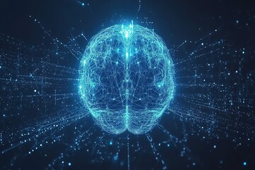Naklejka premium A blue digital brain made of lines and dots, centered on a black background, surrounded by an array of small white glowing points representing connections between different parts