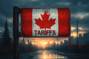 Worn Canadian flag sign with the word tariffs in a moody, dark industrial urban setting at sunset