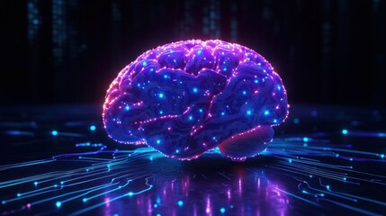 Obraz premium Glowing futuristic digital brain with neon blue and pink circuits on a dark reflective surface surrounded by matrix-like background representing artificial intelligence and technology