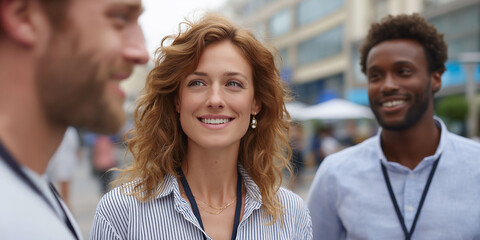 Three smiling young professionals in business casual attire. In front of them, an outdoor urban event or festival is taking place, with white tents and buildings in the background.