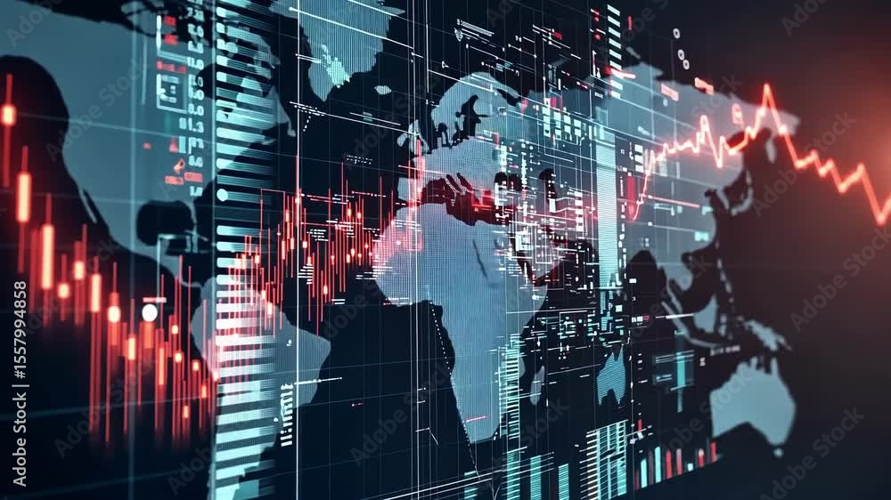 Aufkleber Complex digital network visualizes global data flow, connecting world map with information exchange and processing, creating interconnected system