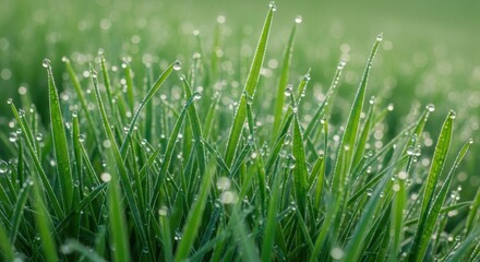 Dewdrops on Vibrant Green Grass Blades in Morning Sunlight