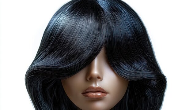Close-up of a person with smooth, shiny black hair covering eyes and a neutral facial expression with full lips against a white background - Powered by Adobe