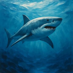 Fototapeta premium A.I. Art created by ChatGPT of Great White Shark swimming in blue ocean water